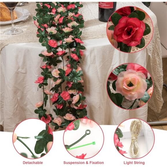 Flower Garland with LED Lights Rose Vine 16.5Ft Wedding Room Party Home Decor - Picture 4 of 7